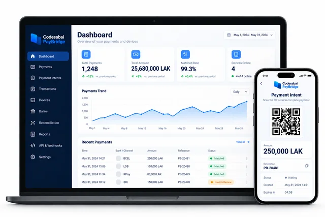 ตัวอย่าง PayBridge Dashboard บนแล็ปท็อป และ หน้ารับชำระเงินบนมือถือ